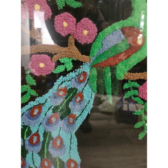 Vintage Mid Century Peacock Crewel 15x32 in Oak Framed Kitsch Boho Handmade - Picture 6 of 6
